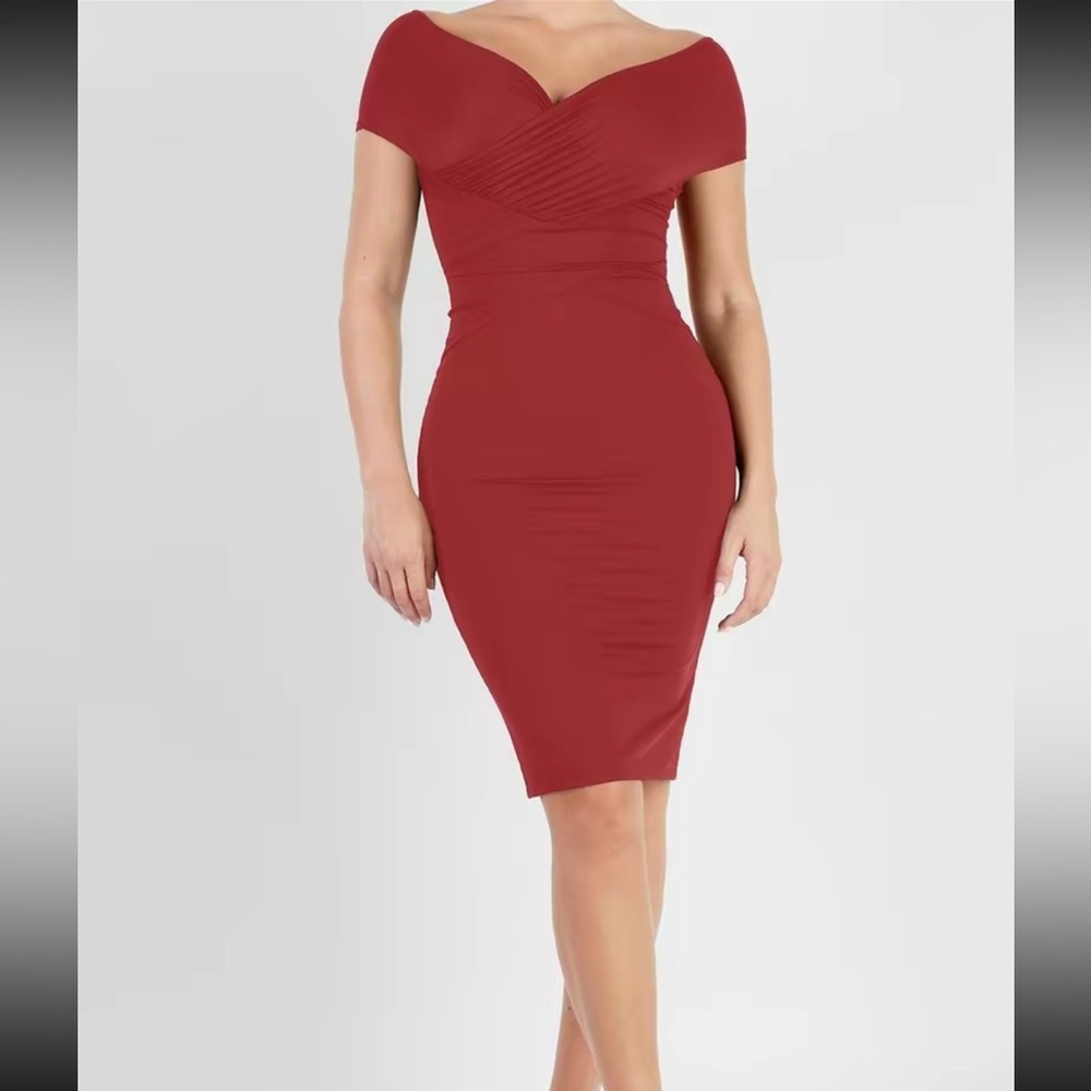 Popilush Off Shoulder V-neck Ruched Midi shapewear Red Dress